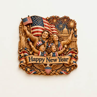 Happy New Year USA Family Celebration CNC Wood Carving STL