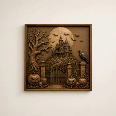 Haunted Castle Halloween Wall Art, Gothic Spooky House Decor