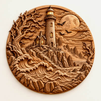 Haunted Lighthouse 3D Relief STL, Gothic Coastal Wall Art De