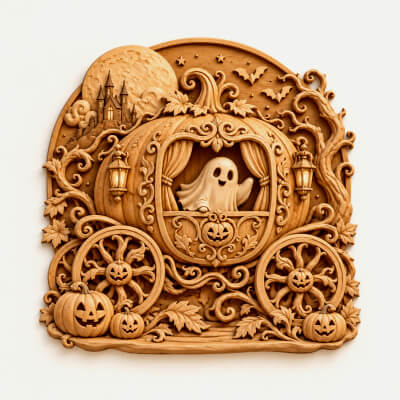 Haunted Pumpkin Carriage STL File Halloween 3D Relief CNC C