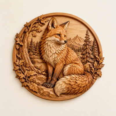 Majestic Fox Wooden CNC Bas Relief STL Wildlife Wall Art 3D Model
