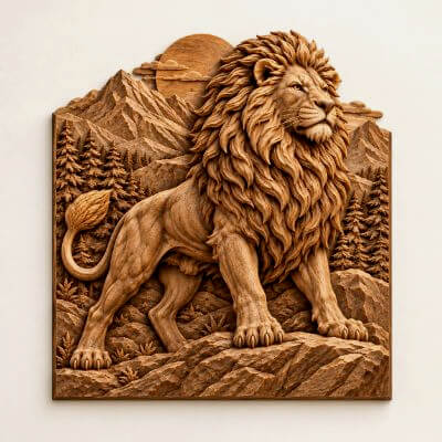 Majestic Lion Wooden CNC Bas Relief STL 3D Mountain Carving