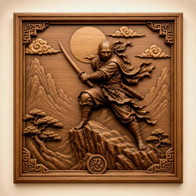 Ninja Warrior Wooden CNC Bas Relief STL, Japanese Samurai