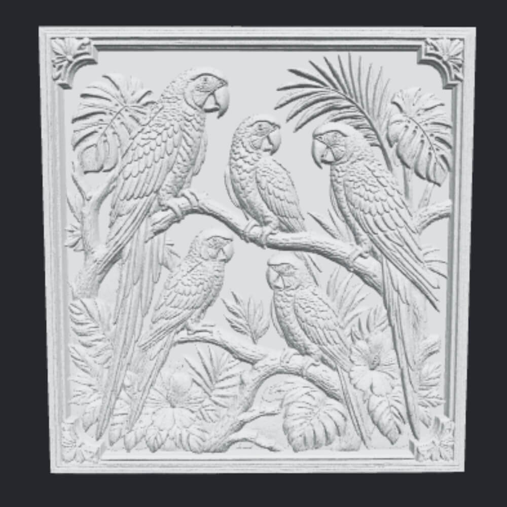 Parrot Family CNC Bas Relief STL Tropical Bird Wood Carving 3D Model