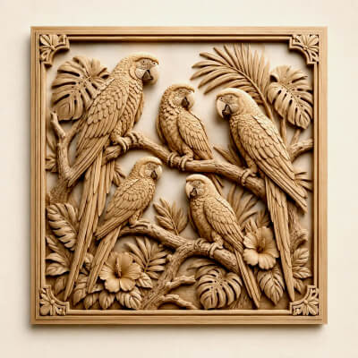 Parrot Family CNC Bas Relief STL Tropical Bird Wood Carving