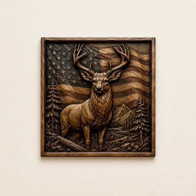 Patriotic Deer Wall Art American Flag Wildlife Rustic Wood 3D Model