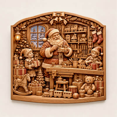 Santa Christmas Workshop CNC Wood Carving STL 3D Relief Mode