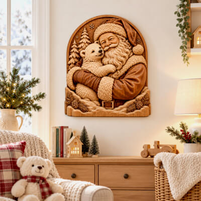 Santa Claus Hugging Polar Bear 3D Relief STL for CNC Carving