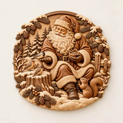 Santa Feeding Birds CNC Wood Carving STL 3D Relief Model