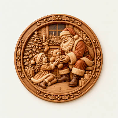Santa Giving Teddy Bear to Girl Wood Relief Christmas Wall