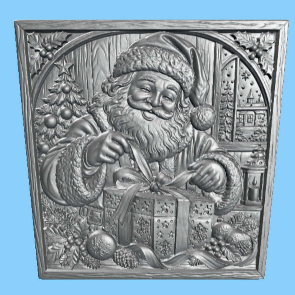 Santa Unwrapping Gift 3D Relief STL Christmas CNC Carving 3D Model