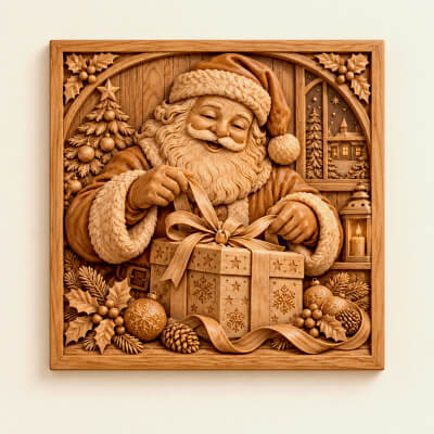 Santa Unwrapping Gift 3D Relief STL Christmas CNC Carving