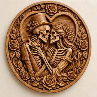 Skeleton Couple Wooden CNC Bas Relief STL Romantic Skull Art