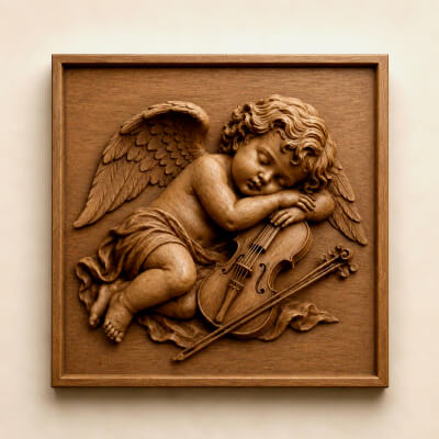 Sleeping Angel CNC Bas Relief STL Violin Cherub Wood Art 3D Model
