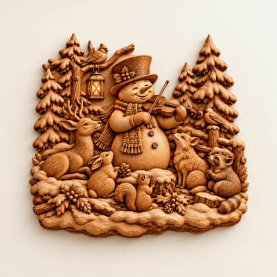 Snowman Playing Violin STL File 3D Relief for CNC Carving