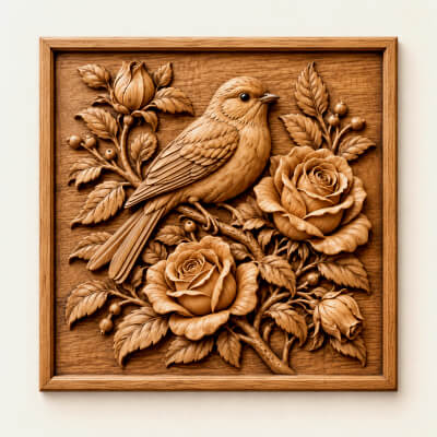 Songbird with Blooming Roses Wooden Wall Art Rustic Decor 3D Model