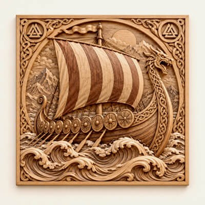 Viking Dragon Longship Wood Relief Art Norse Wall Decor