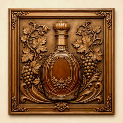 Vintage Wine Bottle CNC Bas Relief STL, Wooden Grape Decor