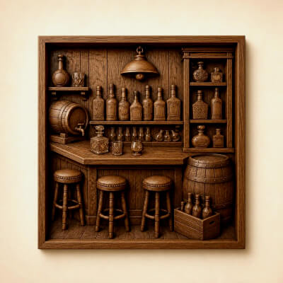 Vintage Wooden Bar CNC Bas Relief STL Pub Decor 3D Model