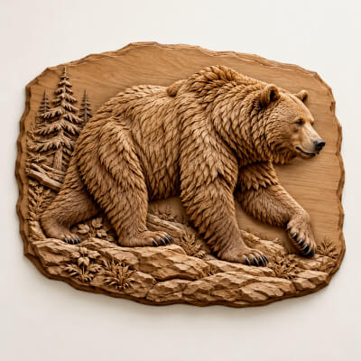 Walking Grizzly Bear CNC Bas Relief STL Wildlife Wood Art 3D Model