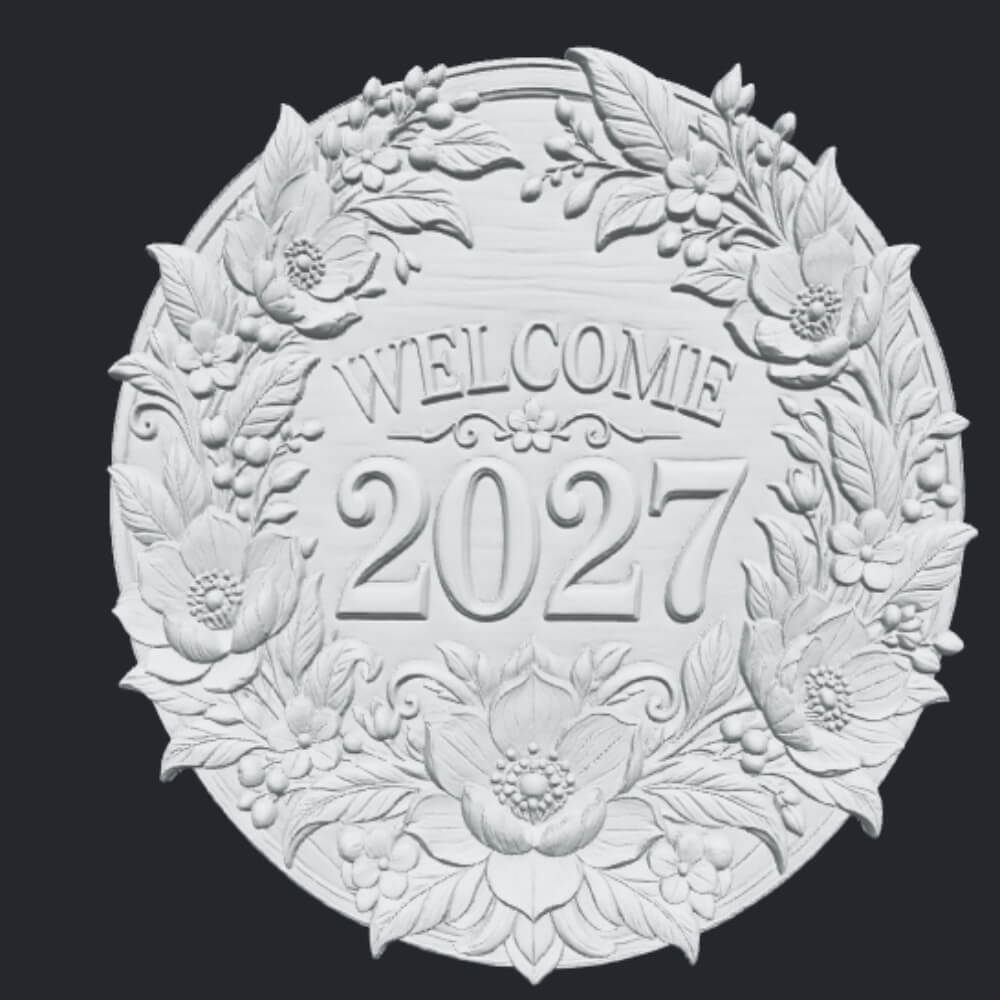 Welcome 2027 Floral Wreath CNC Wood Carving STL Model 3D Model