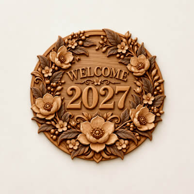 Welcome 2027 Floral Wreath CNC Wood Carving STL Model
