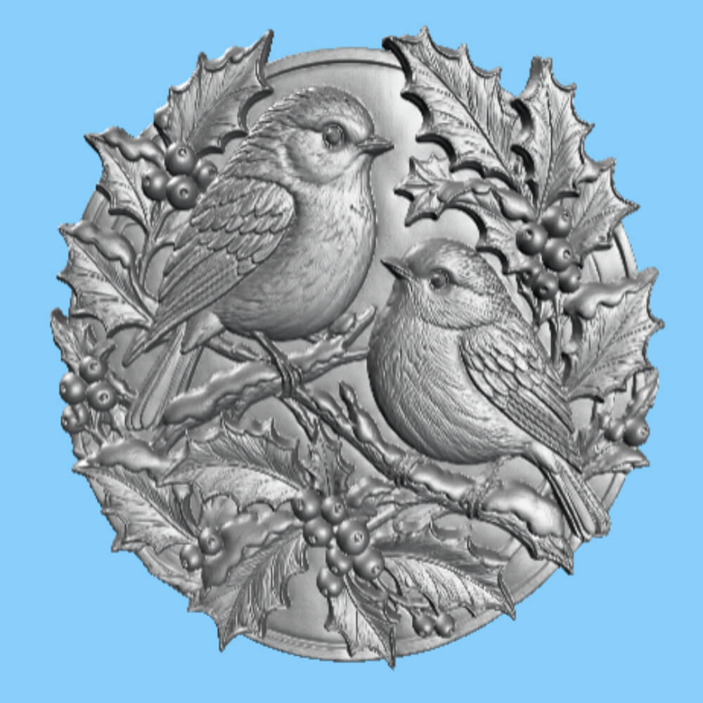 Winter Robins Holly Wall Art Rustic Christmas Bird Wood 3D Model