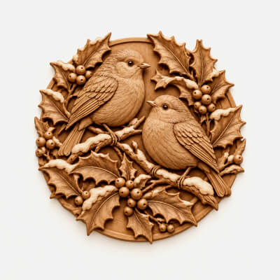 Winter Robins Holly Wall Art Rustic Christmas Bird Wood