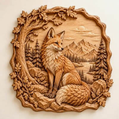 Woodland Fox Wooden CNC Bas-Relief STL 3D Carving Art