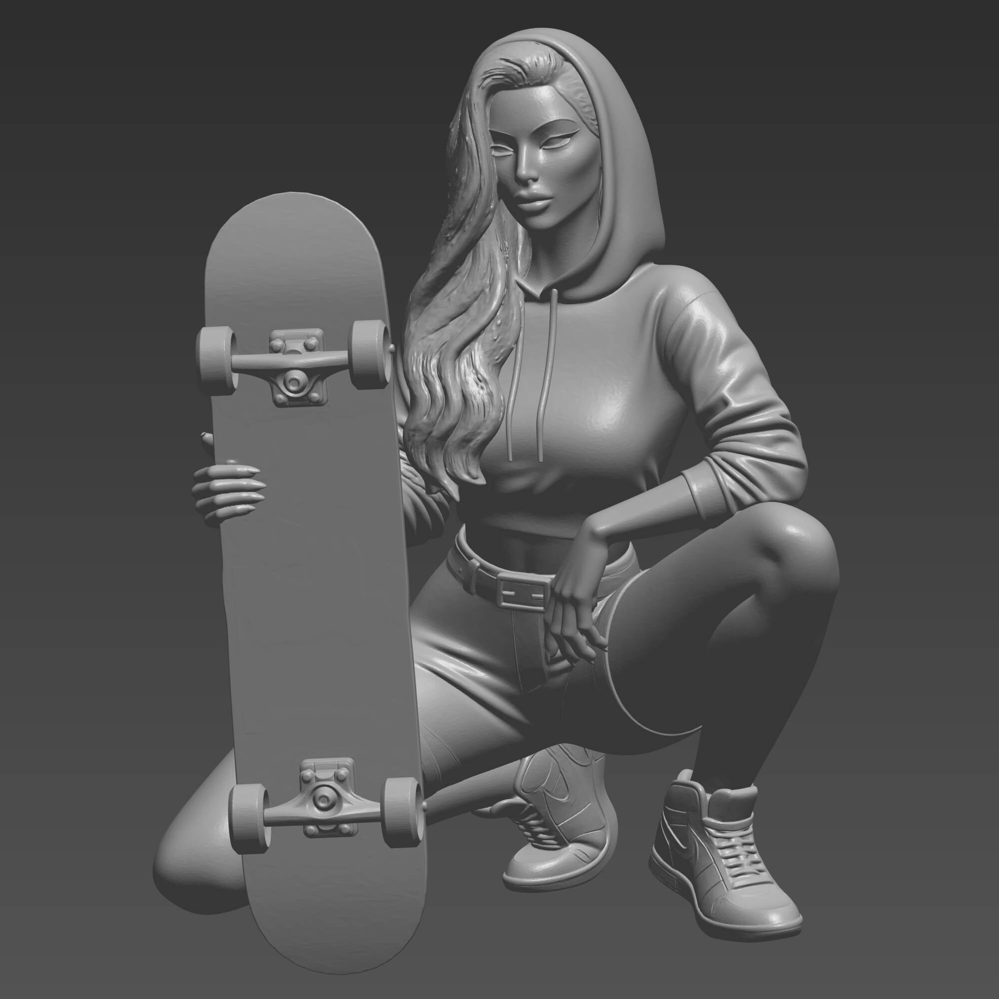 Skater Girl 3D Print File Hoodie Skateboarder Woman STL 3D Model