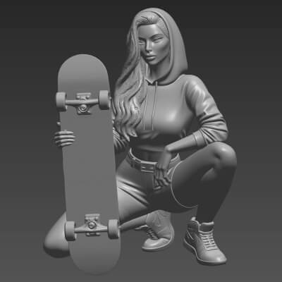 Skater Girl 3D Print File Hoodie Skateboarder Woman STL 3D Model