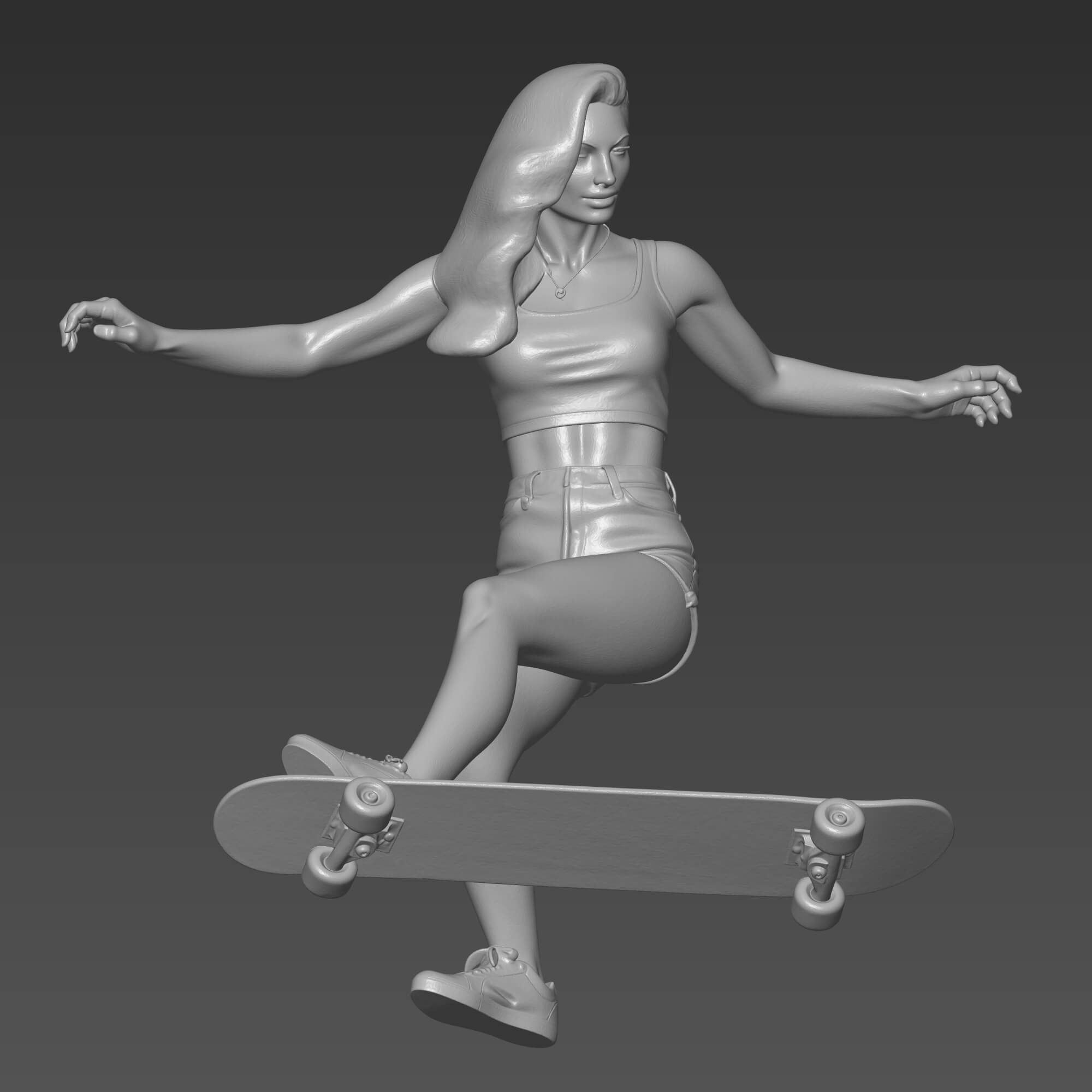 Skater Girl 3D Print File Skateboarder Woman Statue STL 3D Model