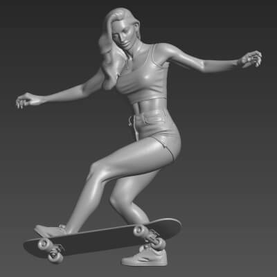 Skater Girl 3D Print File Skateboarder Woman Statue STL 3D Model