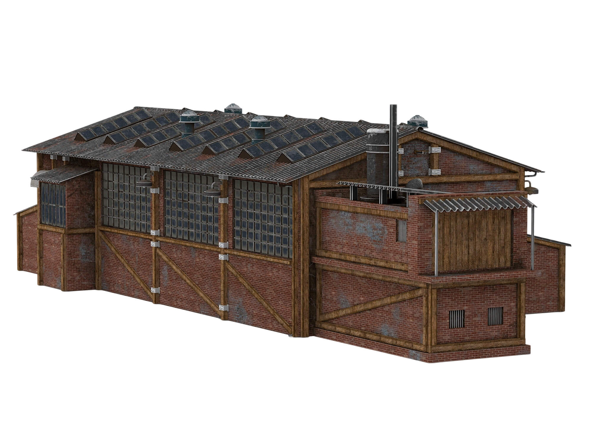 Weathered Brick Industrial Warehouse Building 3D Model