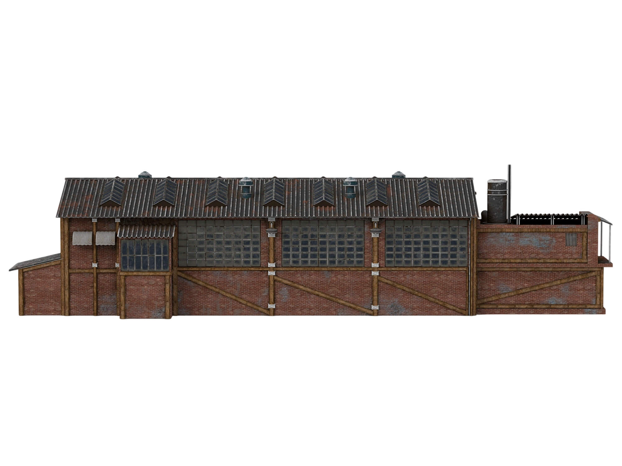 Weathered Brick Industrial Warehouse Building 3D Model