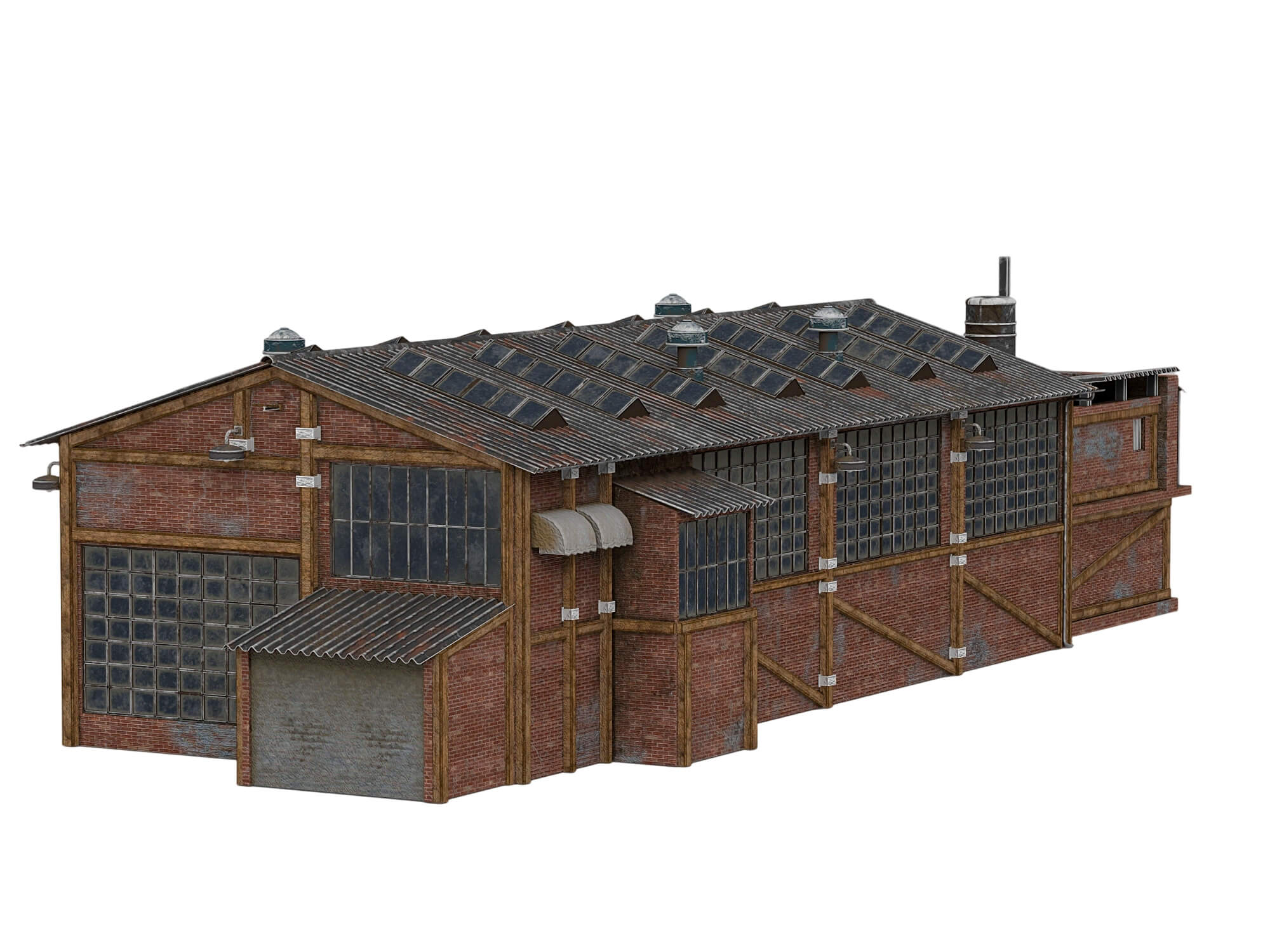 Weathered Brick Industrial Warehouse Building 3D Model