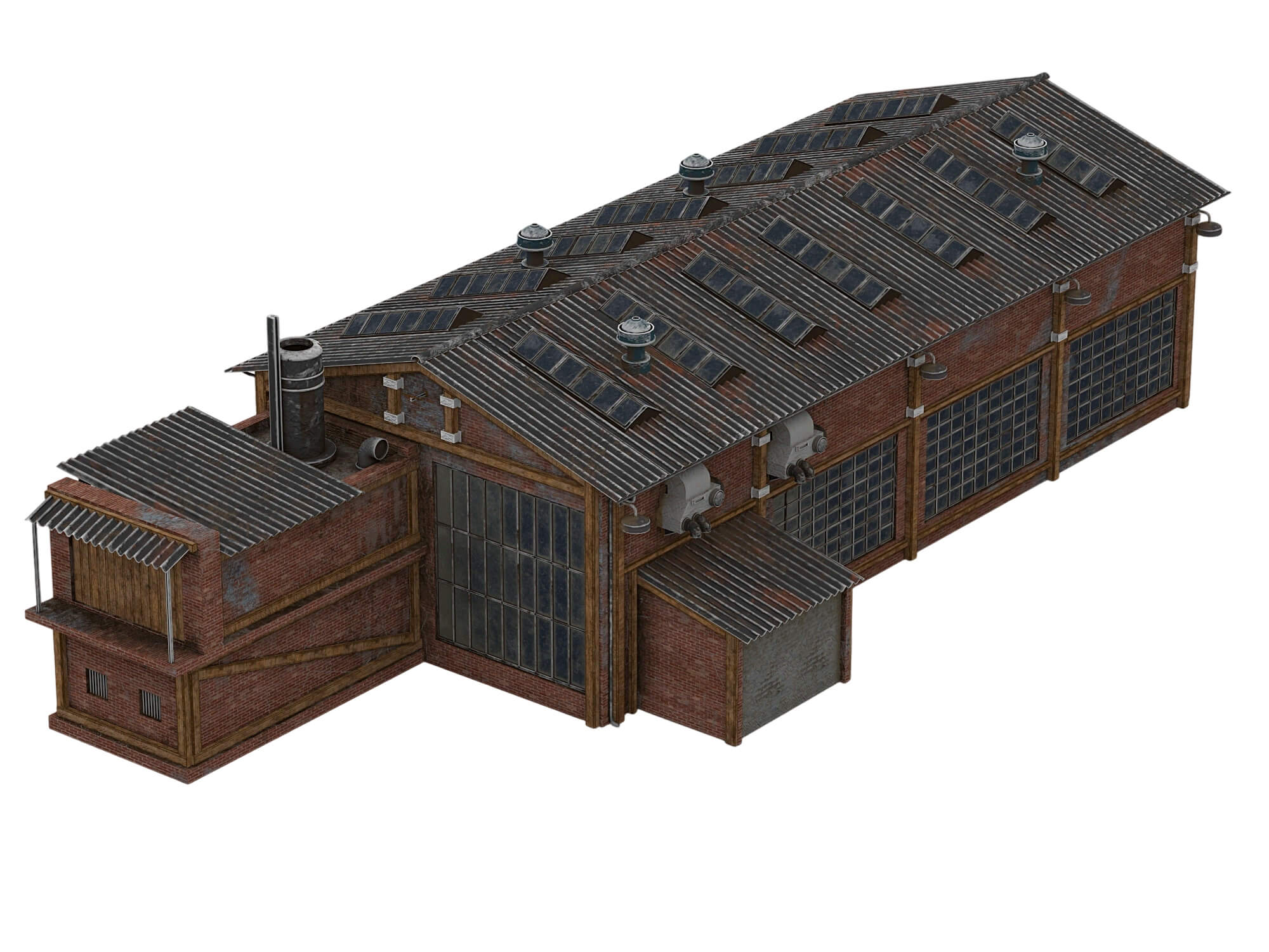 Weathered Brick Industrial Warehouse Building 3D Model