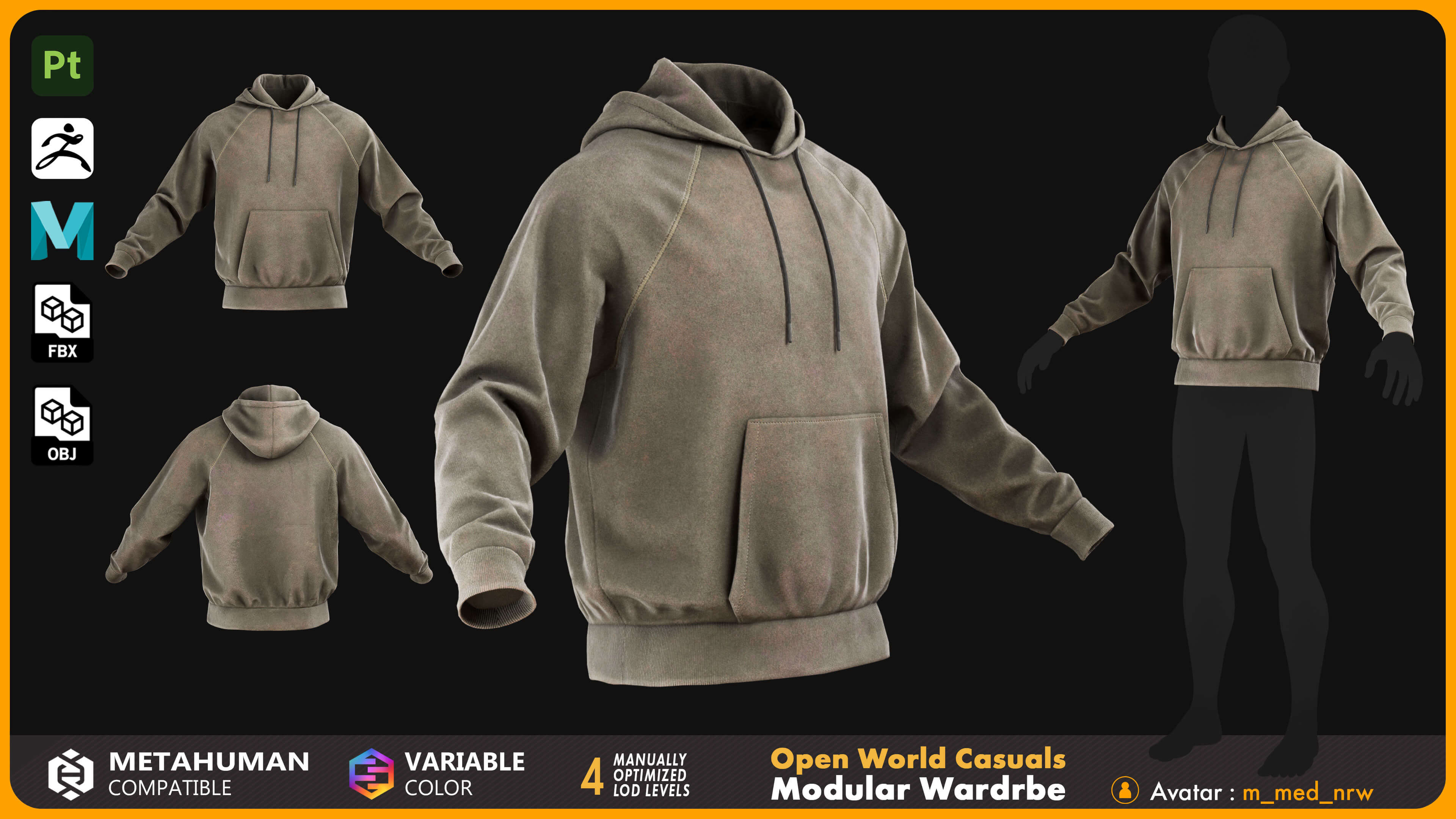 Hoodie 001 for Metahuman Low-Poly 3D Model MHPKG Source 3D Model
