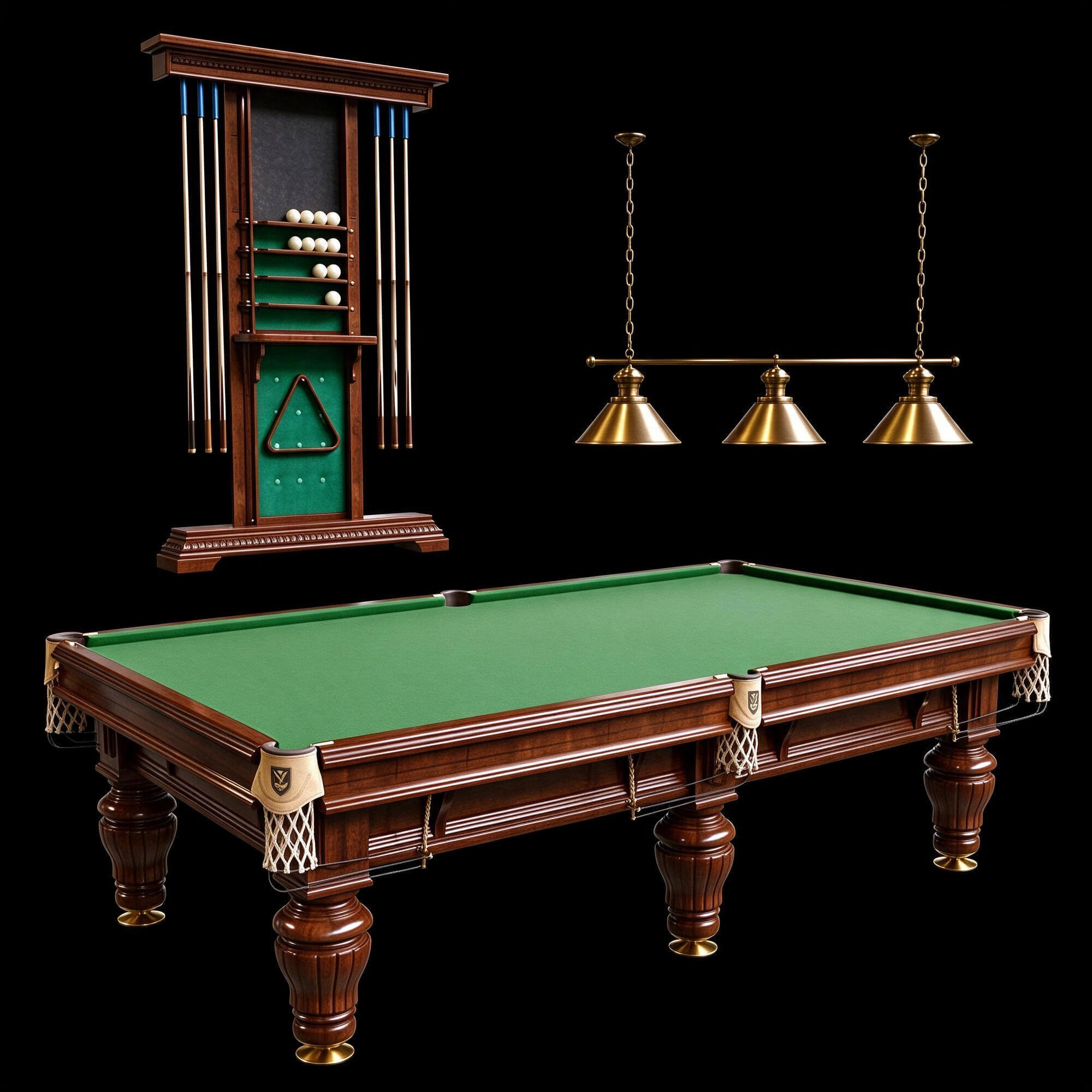 Classic Vintage Wooden Billiard Table Set with Cue Rack and 3D Model