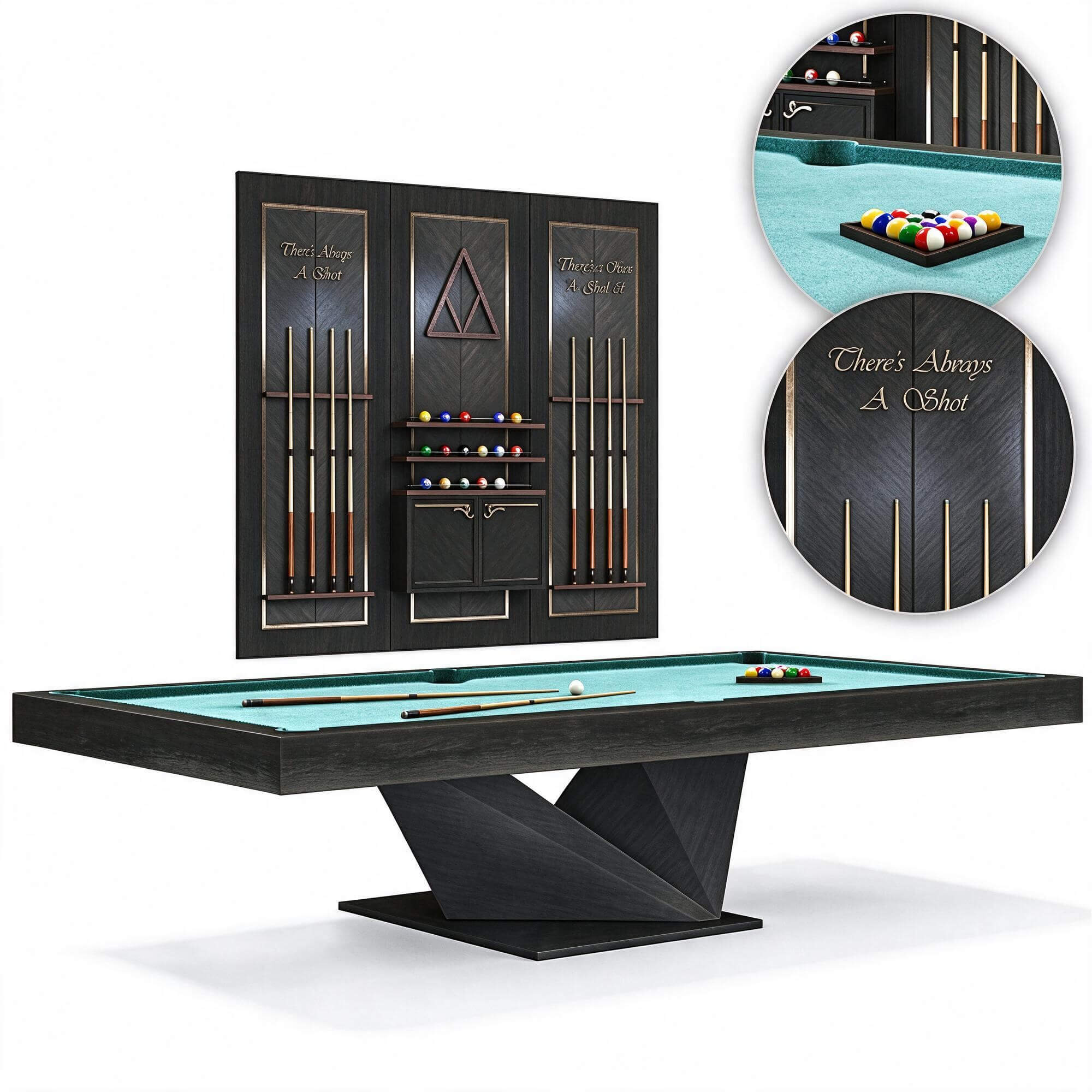 Dark Wood Pool Table with Matching Cue Storage Wall Cabinet 3D Model