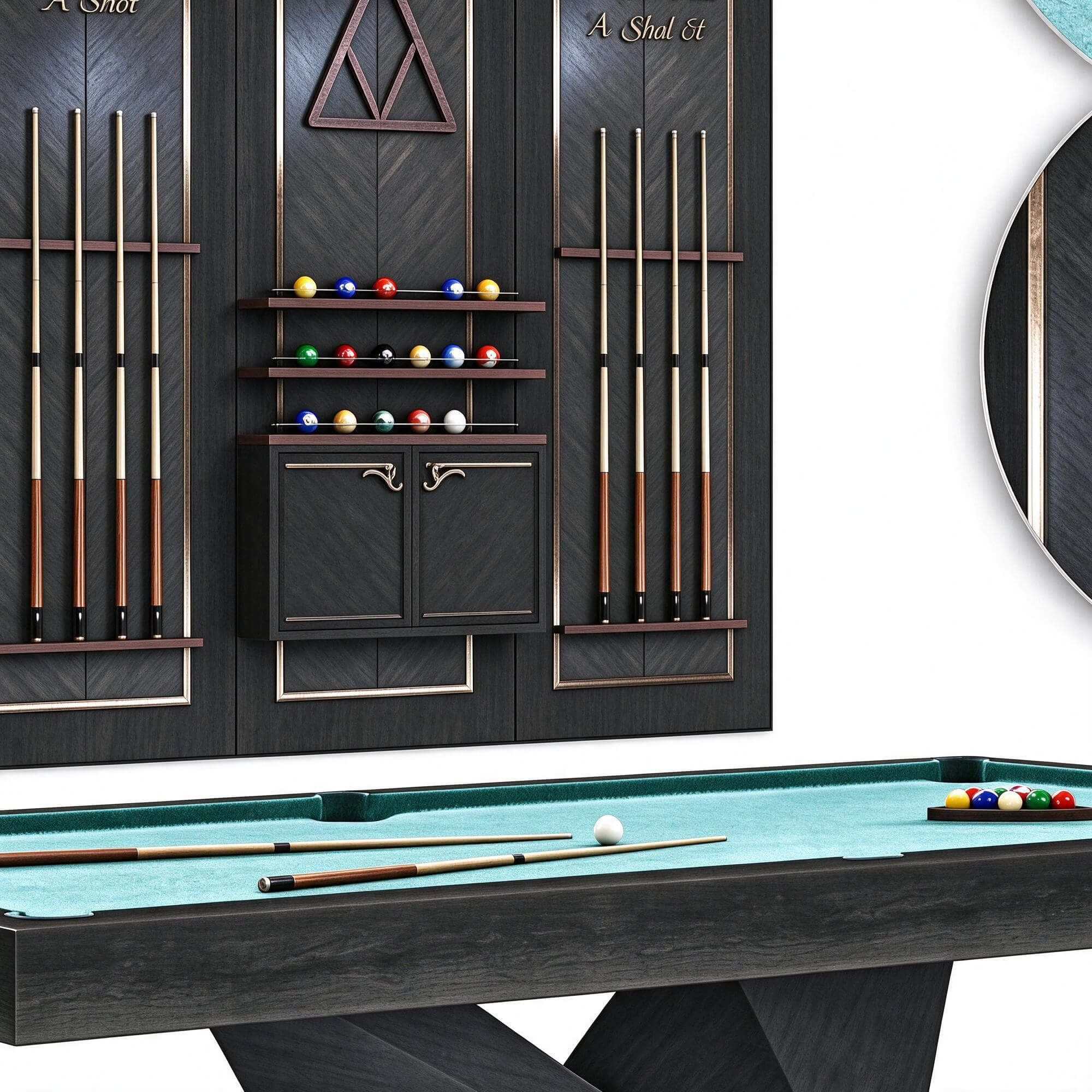 Dark Wood Pool Table with Matching Cue Storage Wall Cabinet 3D Model
