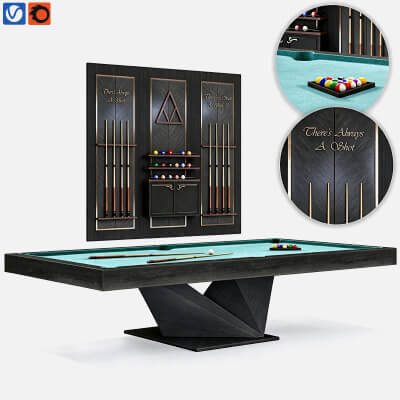 Dark Wood Pool Table with Matching Cue Storage Wall Cabinet