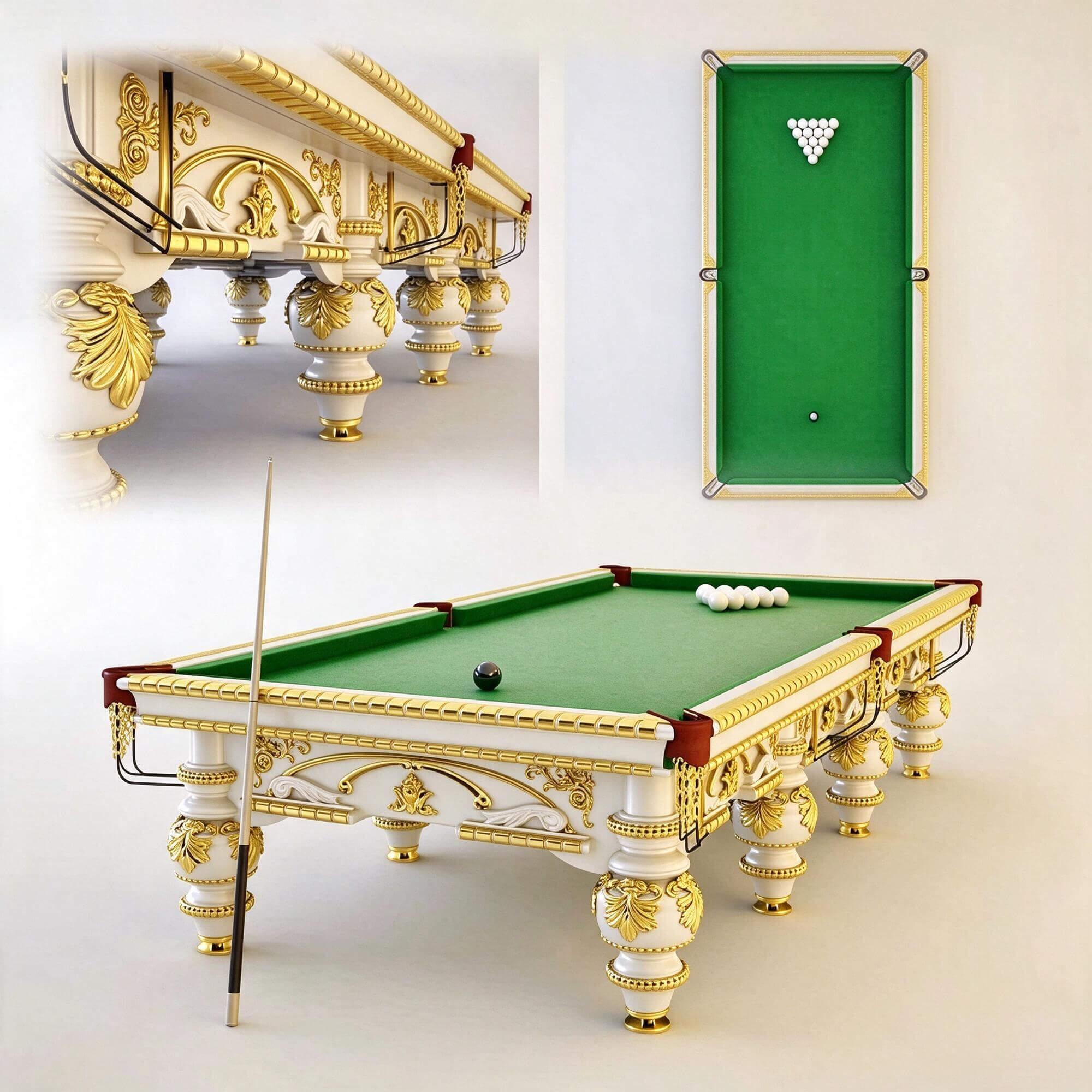 Luxury Rococo White Gold Carved Billiard Table Green Felt 3D 3D Model
