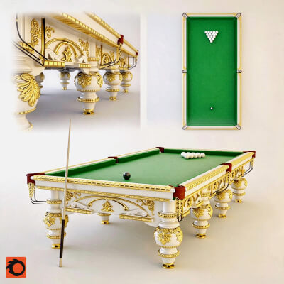 Luxury Rococo White Gold Carved Billiard Table Green Felt 3D