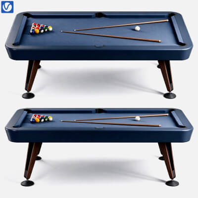 Modern Navy Blue Pool Table with Angled Wooden Legs 3D Model
