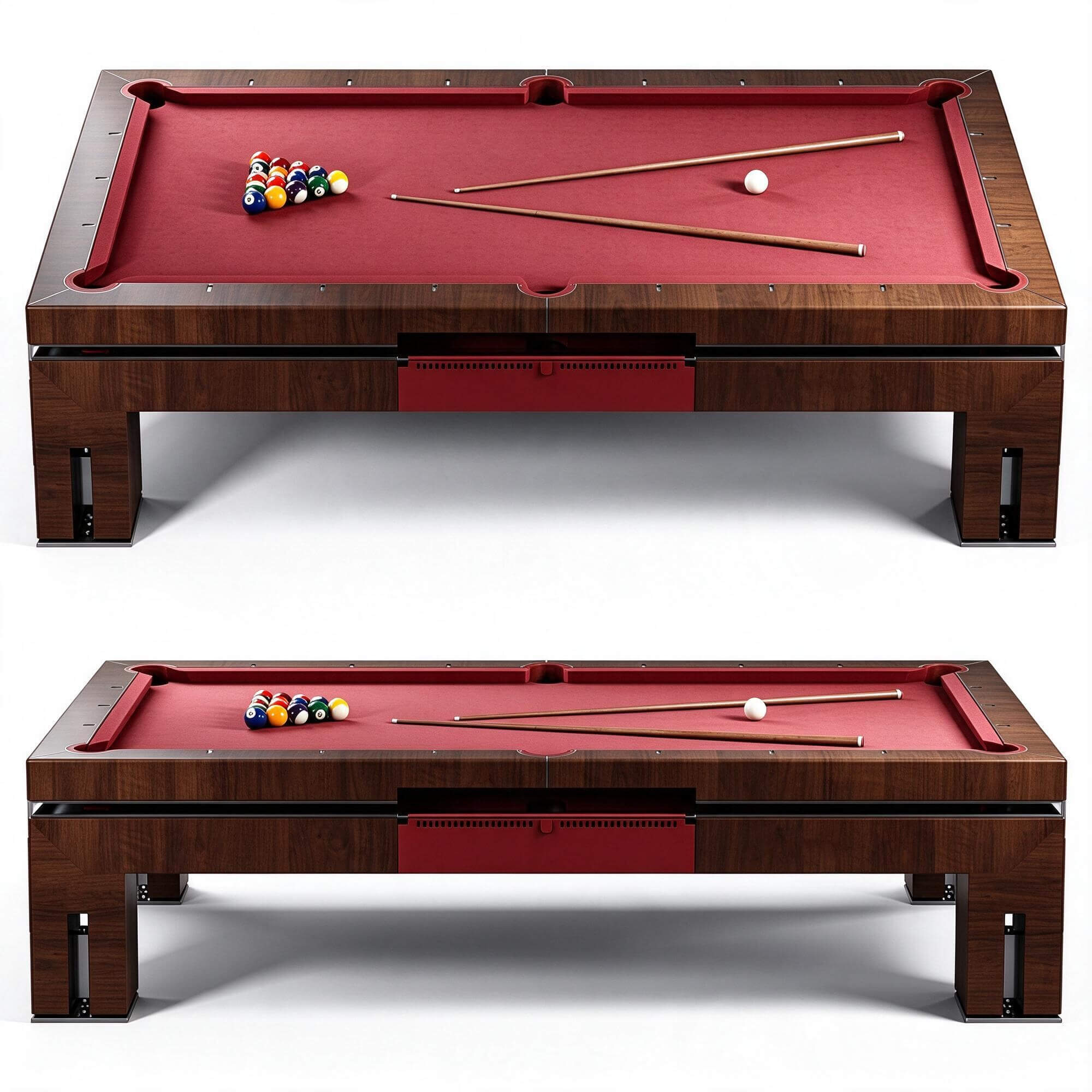 Modern Walnut Billiard Table Red Felt Surface with Balls and 3D Model