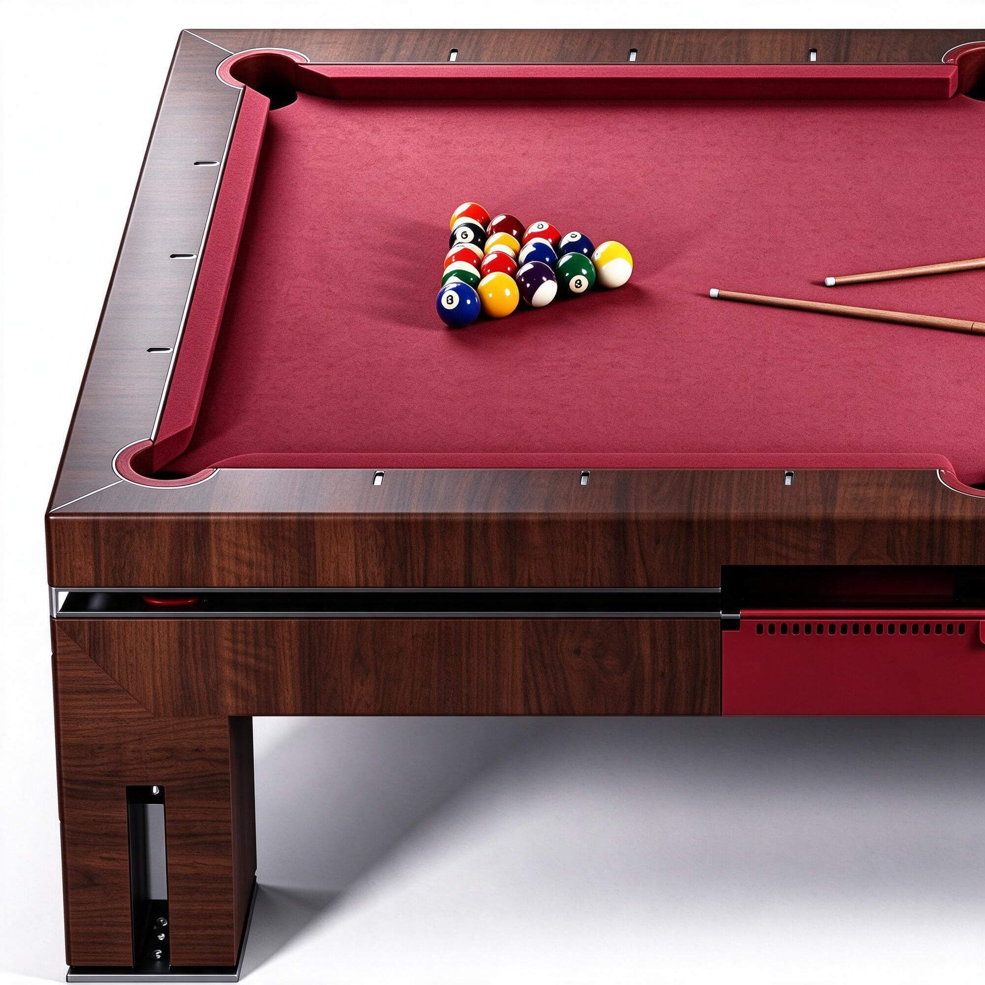 Modern Walnut Billiard Table Red Felt Surface with Balls and 3D Model