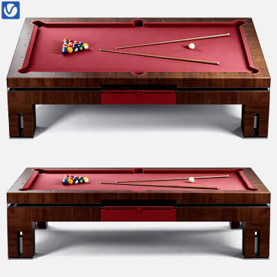 Modern Walnut Billiard Table Red Felt Surface with Balls and