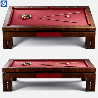 Modern Walnut Billiard Table Red Felt Surface with Balls and