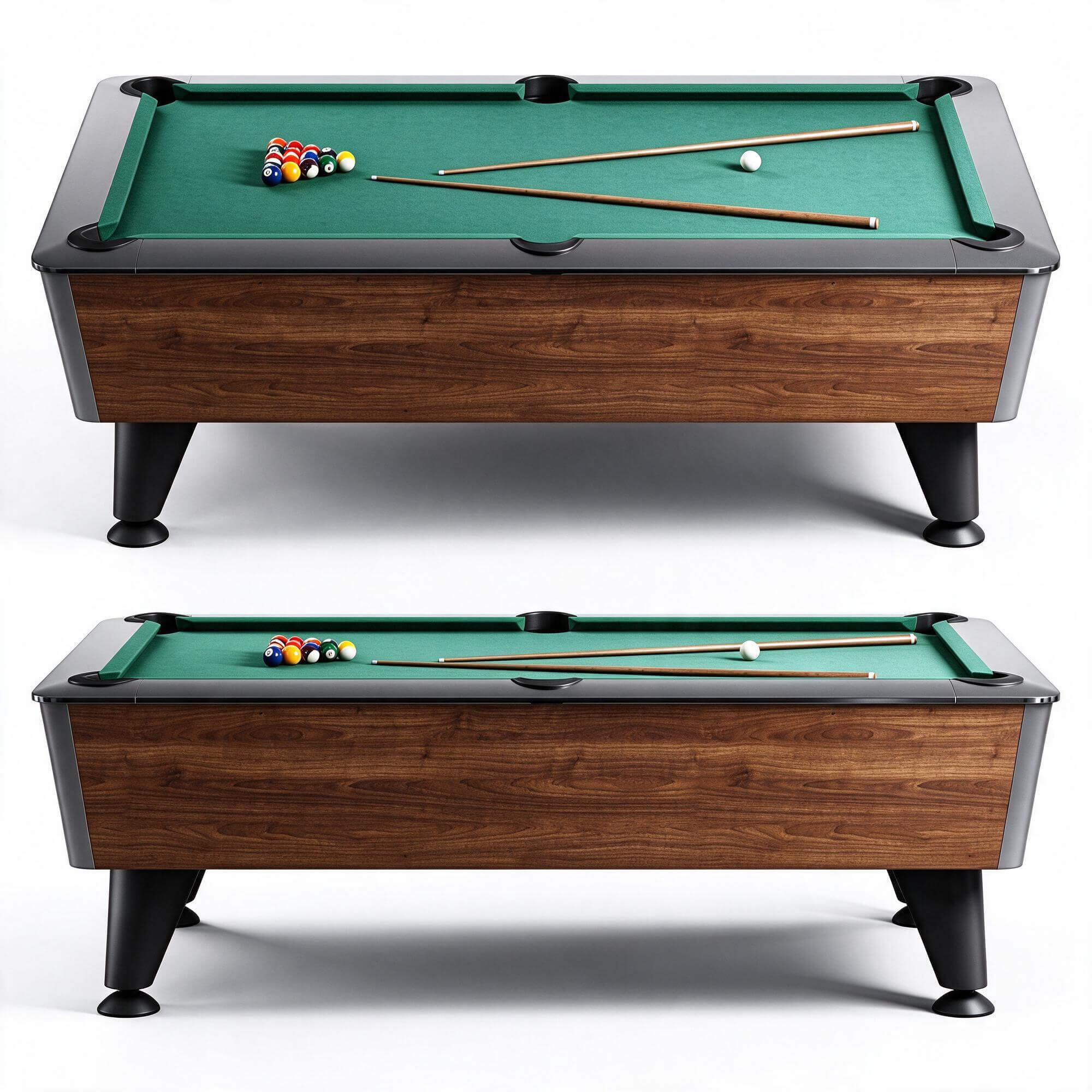 Modern Wooden Pool Table with Green Felt Billiard Balls and 3D Model